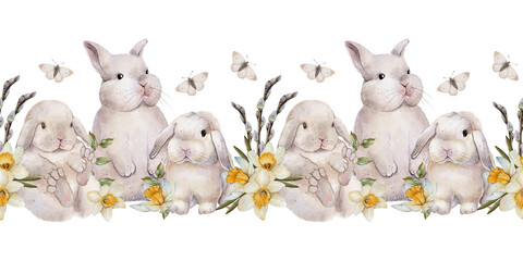 Seamless watercolor border with bunnies, daffodils, willows, and butterflies. A spring festive composition, suitable for a banner.
