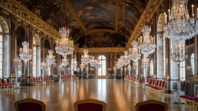 Versailles' Hall of Mirrors: Majestic Grandeur, Crystal Chandeliers, Baroque Opulence
