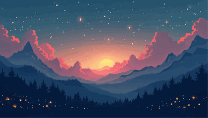Fototapeta premium Beautiful Mountain Landscape Sunset Scene with Starry Sky and Forest Silhouettes