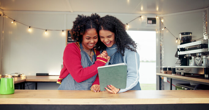 Tablet, team and women in food truck outdoor for online menu, customer orders and celebrate sales. Restaurant, mobile cafe and happy waitress on digital tech for bistro ratings, website and success