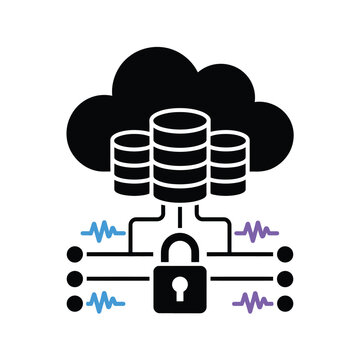 Black Cloud Database Vector Icon Three Black Database Servers Connected Secure Padlock Blue Purple Wave Signals Data Storage Secure Server Network
