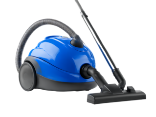 Modern blue canister vacuum cleaner with hose and floor nozzle isolated on transparent background