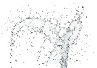 Clear, translucent water droplets, varying in size from fine mist to distinct spheres, pristine with sharp contours, suspended or falling against a pure, minimalist white studio background with