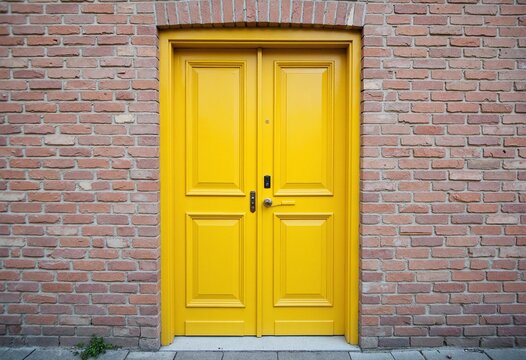 Old yellow door, brick wall background, home renovation
