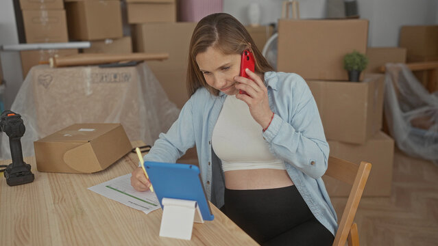 Pregnant woman talking on phone while writing notes on a tablet in a new home setting with moving boxes surrounding her in the living room. - Powered by Adobe