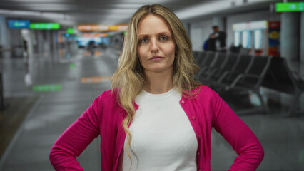 Woman presses palm with fist in an airport while young blonde waits in a terminal indoors standing...