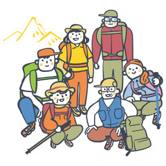 山頂登山の達成　集合写真　ストックイラスト素材
