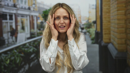 Fototapeta premium Woman posing on a city street with blonde hair wearing a white shirt expressing surprise or shock outdoors with urban background.