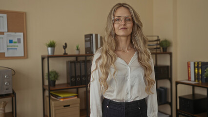 Young blonde woman presenting inside an organized office with shelves, files, and plants creating a...