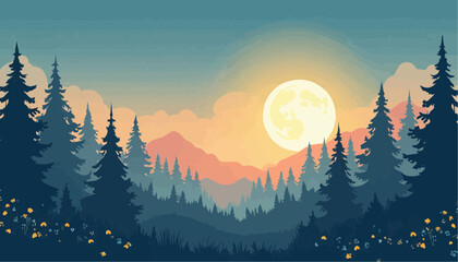 Beautiful Nighttime Forest Scene with Full Moon and Sunset Colors in Digital Illustration