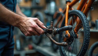 Close-up of bicycle repair in workshop. Man in blue overalls fixes bike wheel, tires mounted, stationary bike. Mechanic works on bicycle in store, shop, garage, fixing gear, chain, tire, wheel.