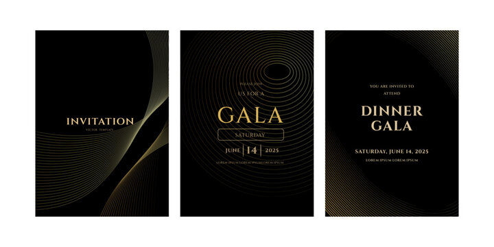 Three black and gold invitation templates for a gala dinner on June 14, 2025. Elegant designs with wave and circle patterns.