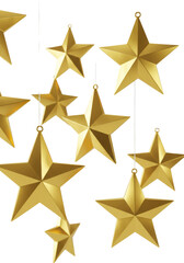 Obraz premium Multiple perfectly formed five-pointed golden stars, varying in size, highly polished, reflective metallic gold, suspended, creating a floating illusion on a pristine seamless plain white studio