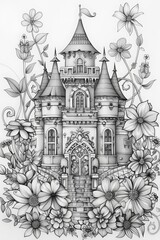 Fototapeta premium Enchanted castle surrounded by delicate flowers and winding foliage in black and white