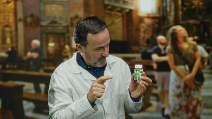 Hispanic man in white coat passionately gestures while holding a bottle of pills inside a church with blurred congregation in the background.