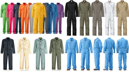Array of solid color jumpsuits in various hues displayed in two rows