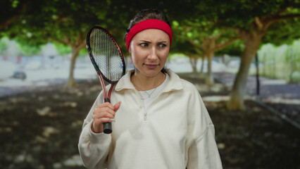 Woman holding tennis racket in park with questioning expression, wearing red headband and white...