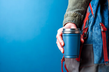 A person holding a stylish blue coffee cup against a vibrant blue background, perfect for showcasing drink culture and lifestyle.