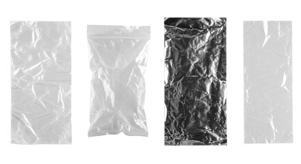Four isolated textured panels: crinkled transparent plastic wrap, wrinkled resealable plastic bag with zipper, crumpled metallic foil, on a plain white background with bright studio light, commercial
