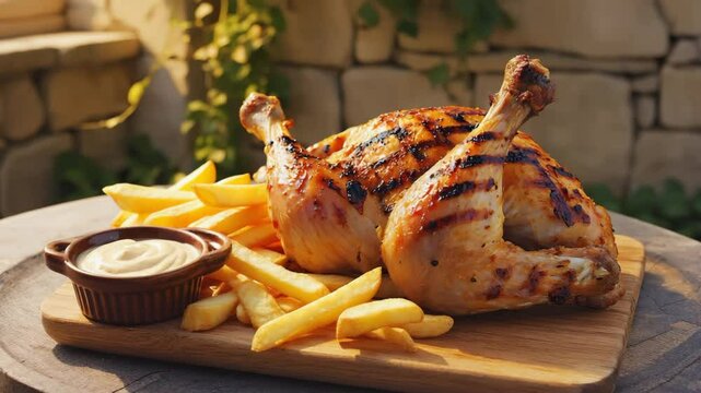 Pollo a la brasa, Peruvian grilled chicken, Served with golden fries and a tangy dipping sauce, Warm earthy colors, Outdoor grilling ambiance, Smoky and savory
