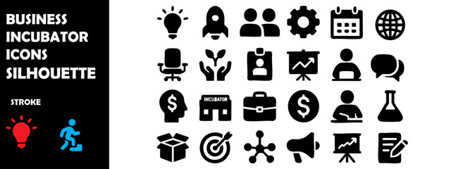 Business Incubator Icons Silhouette Vector Set — Startup Support, Innovation Hub and Growth Lab