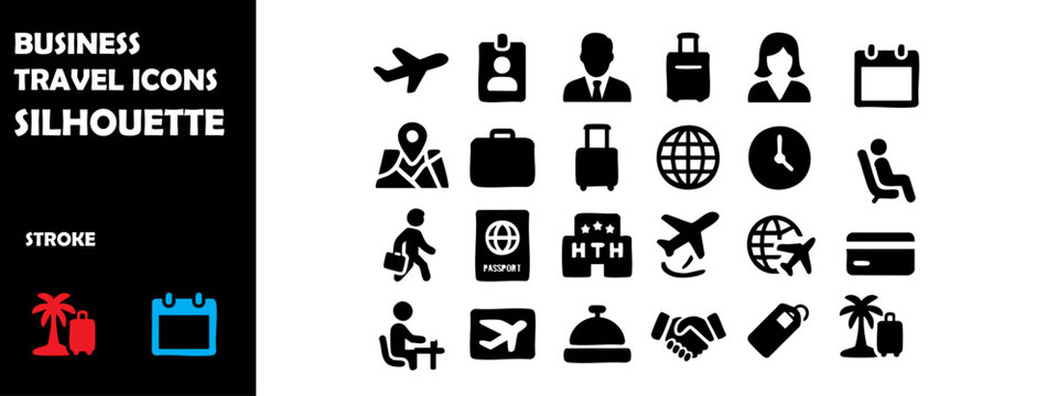 BUSINESS TRAVEL ICONS Silhouette Vector Set &mdash; Corporate Trips, Work Travel & Global Business Journey Symbols