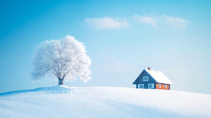 A serene winter landscape featuring a snow-covered field, a solitary tree, and a quaint house under a clear blue sky.