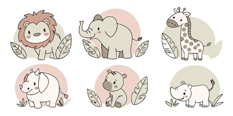 Fototapeta premium Cute Cartoon African Animals in a Pastel Safari Scene