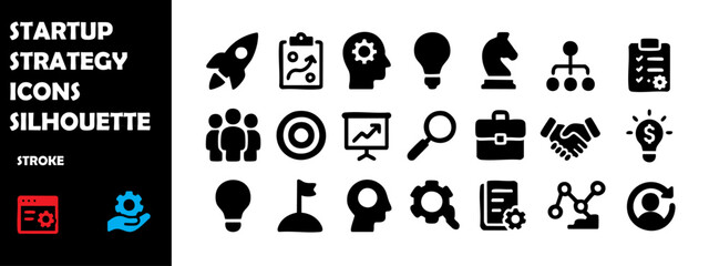 Startup Strategy Icons Silhouette Vector Set — Business Launch, Innovation and Growth Plans