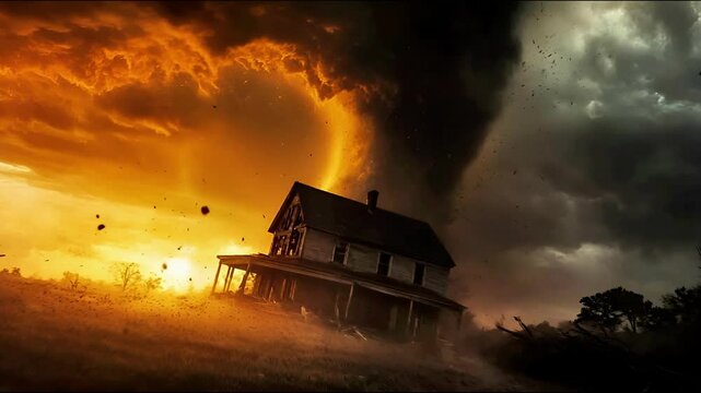 A dramatic scene of a tornado approaching a dilapidated house at sunset.