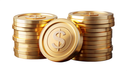 Stacks of shiny gold dollar coins, isolated on transparent background