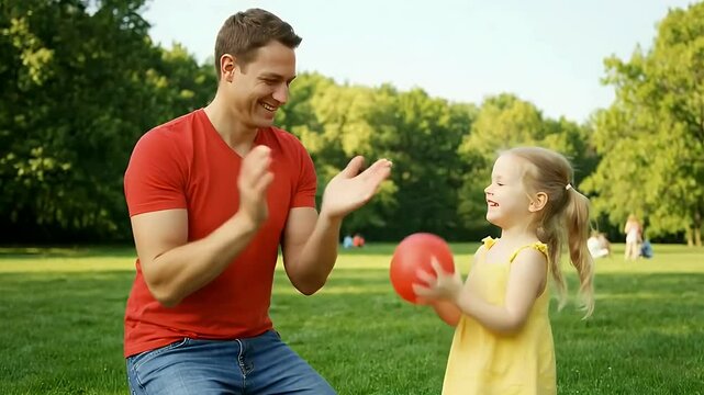 A joyful father and daughter engage in playful interaction at a park.