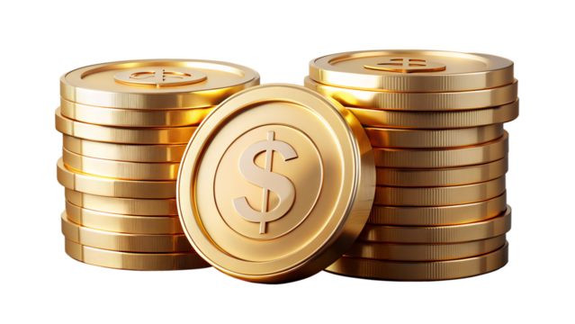 Stacks of shiny gold dollar coins, isolated on transparent background