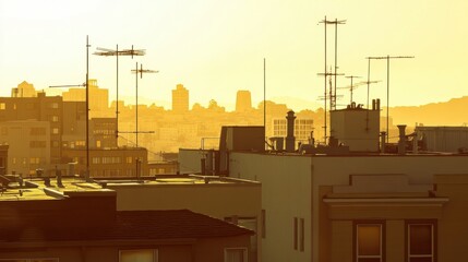 Obraz premium Rooftop Antennas at Golden Hour in Urban Setting