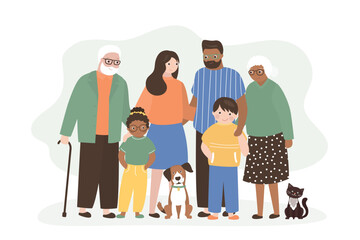 Big multi ethnic family. Happy parents, children, grandma and grandpa. Smiling dad, mom, kids and dog. Three generation standing together, family portrait.