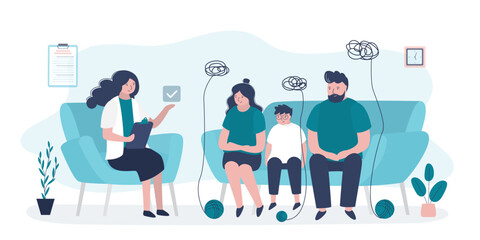 Family with kid boy during psychotherapy session in psychologist's office. Psychologist with patients in interior. Family psychotherapy,