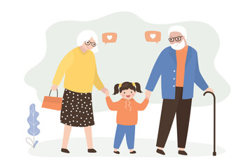 Granddaughter walking with grandparents. Elderly people and kid hand in hand. Happy grandparents with their grandchild taking a walk. Family, relationship