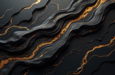 Obraz premium Abstract decorative marble design banner for luxury modern interior. Premium gold, stone, granite patterns. Elegant tile, floor design concept. Dark, black background with white gold lines, curves,