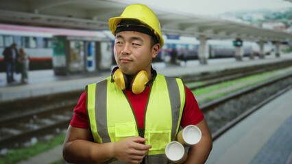 Young man in reflective vest and hard hat holds blueprints at busy railway station platform,...