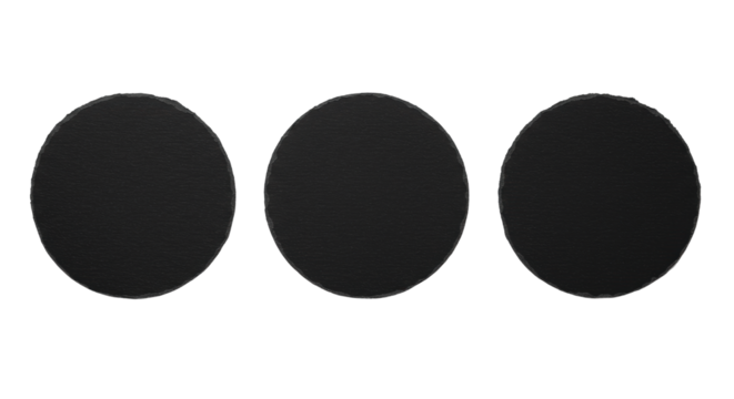 Three black paper circles with rough, torn, textured edges, arranged horizontally on an immaculate white background, bright shadowless lighting, top-down view, commercial studio shot, concept for
