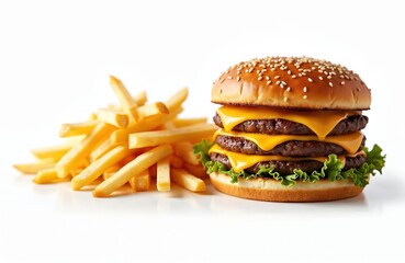 Golden brown burger with sesame seed bun, beef patty, crisp lettuce, fresh tomato slices on white plate. Juicy, savory, finger-licking, mouthwatering American-style burger, classic fast food,