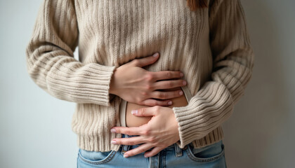 Person stands against white wall with arm and leg lifted, wearing beige sweater. Hands rest on stomach, conveying discomfort and abdominal pain. Gastrointestinal issues and wellness concerns.
