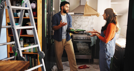 Home improvement, argument and couple with paint, kitchen and fight for color of apartment or...