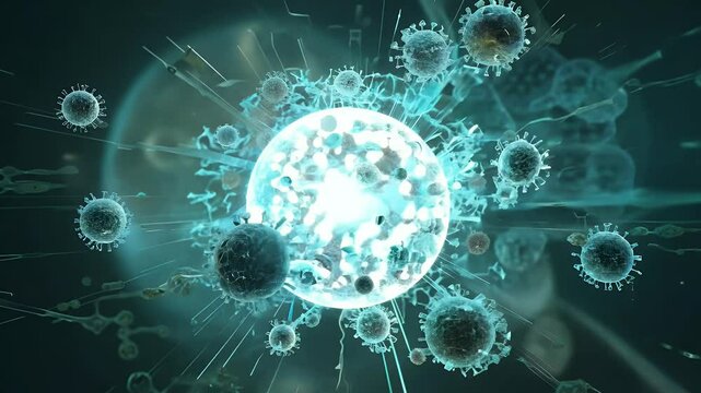 Pulsing light orb colliding with mutating viral structures
