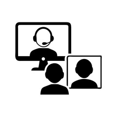 Silhouette Icon of Video Conference – Person at Computer with Headphones in Minimalist Style