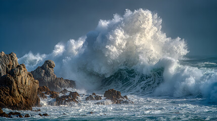 Majestic Ocean Symphony: Waves in Motion Against Rocky Coastal Scene Under Dazzling Sunlight