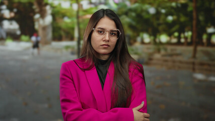 Woman in pink blazer stands confidently with arms crossed in a serene park setting, showcasing a calm expression and modern style surrounded by lush greenery outdoors.