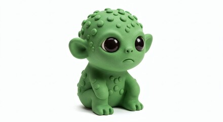 Obraz premium Green Alien Big Eyes with Small Hands, Isolated on White, and Cute Creature.