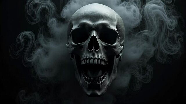 Witness the screaming skull engulfed in shadows a macabre dark gothic close-up enveloped by swirling smoke and fog its bone texture accentuated for ominous atmospheric horror