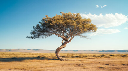 A solitary tree stands resilient against a vast landscape, showcasing nature's strength and beauty under a clear blue sky.